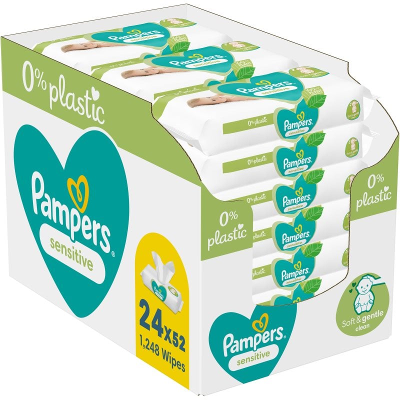 Pampers Sensitive Plastic Free мокри почистващи кърпички за деца за чувствителна кожа